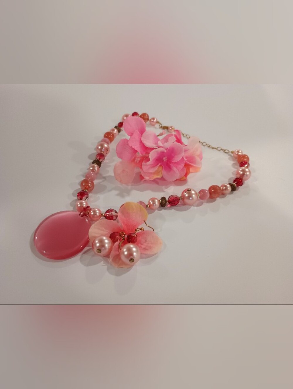 Pink Beaded Gold Necklace Catseye Pearl Pendant + Pink Pearl Earrings BUNDLE